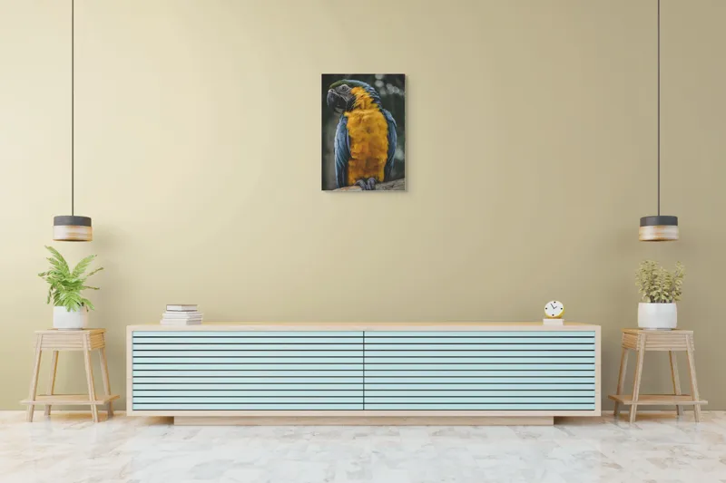 Tablou Canvas, "Curcubeul penelor de papagal", Papagal, Penaj, Colorat, Natură, Exotism, Ramură, Privire, Detaliu, Frumusețe, Tropical, 50 x 70 cm – poza 6