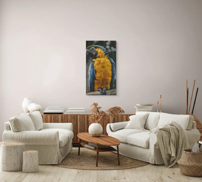 Tablou Canvas, "Curcubeul penelor de papagal", Papagal, Penaj, Colorat, Natură, Exotism, Ramură, Privire, Detaliu, Frumusețe, Tropical, 50 x 90 cm – poza 7