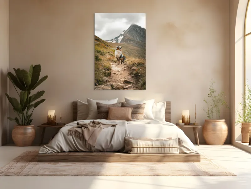 Tablou Canvas, "Câinele explorator al muntelui înalt", Montană, Noroi, Câine, Cărare, Cer Noros, Peisaj, Aventură, Libertate, Explorare, Tranquilitate, 100 x 150 cm – poza 3