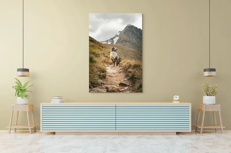 Tablou Canvas, "Câinele explorator al muntelui înalt", Montană, Noroi, Câine, Cărare, Cer Noros, Peisaj, Aventură, Libertate, Explorare, Tranquilitate, 100 x 150 cm – poza 4