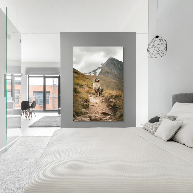 Tablou Canvas, "Câinele explorator al muntelui înalt", Montană, Noroi, Câine, Cărare, Cer Noros, Peisaj, Aventură, Libertate, Explorare, Tranquilitate, 100 x 150 cm – poza 5
