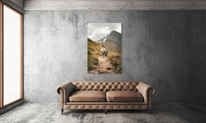 Tablou Canvas, "Câinele explorator al muntelui înalt", Montană, Noroi, Câine, Cărare, Cer Noros, Peisaj, Aventură, Libertate, Explorare, Tranquilitate, 100 x 150 cm – poza 6