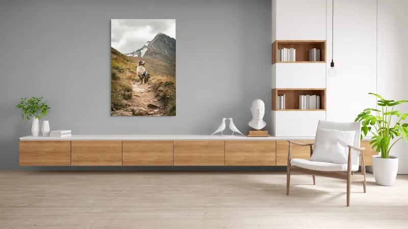 Tablou Canvas, "Câinele explorator al muntelui înalt", Montană, Noroi, Câine, Cărare, Cer Noros, Peisaj, Aventură, Libertate, Explorare, Tranquilitate, 100 x 150 cm – poza 8