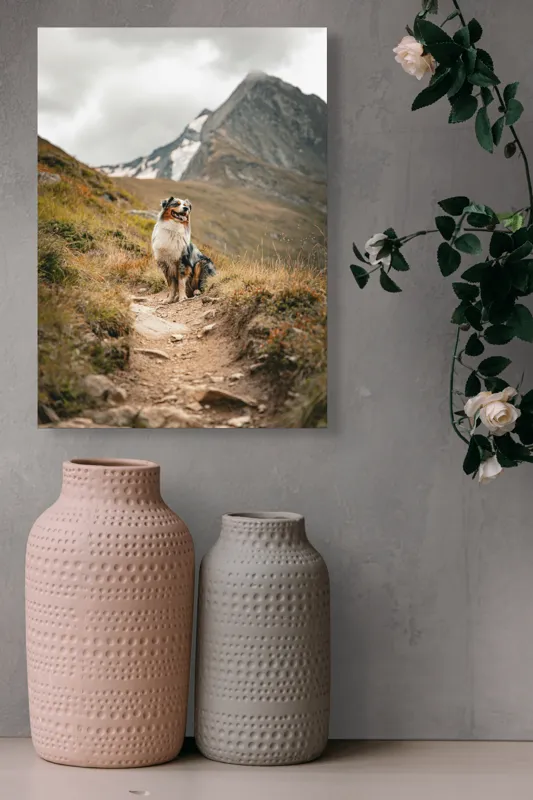 Tablou Canvas, "Câinele explorator al muntelui înalt", Montană, Noroi, Câine, Cărare, Cer Noros, Peisaj, Aventură, Libertate, Explorare, Tranquilitate, 39 x 54 cm – poza 6