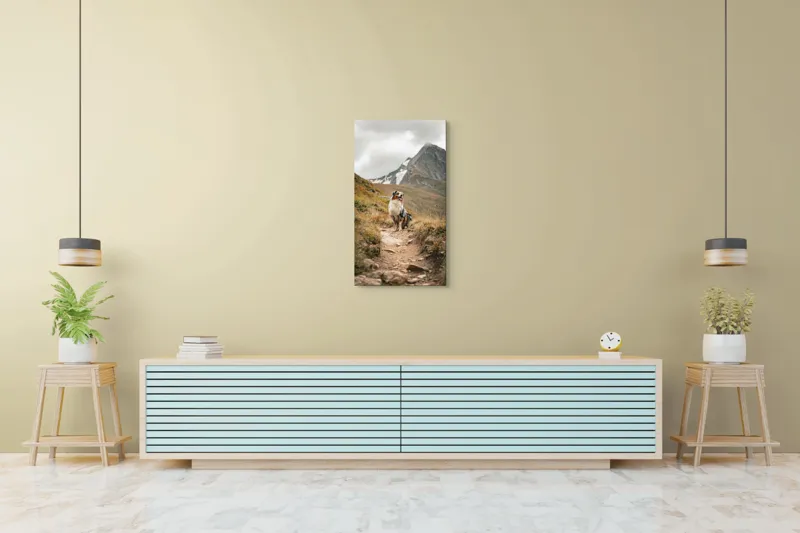 Tablou Canvas, "Câinele explorator al muntelui înalt", Montană, Noroi, Câine, Cărare, Cer Noros, Peisaj, Aventură, Libertate, Explorare, Tranquilitate, 50 x 90 cm – poza 6