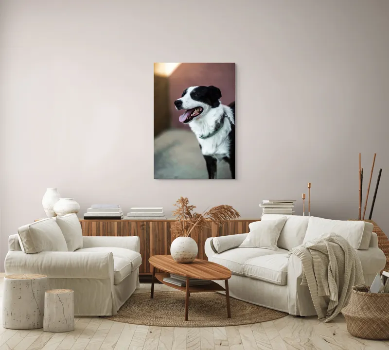 Tablou Canvas, "Neastâmpărul unui câine fericit", Câine, Zâmbet, Limbă, Blană, Coleira, Umbră, Fericire, 70 x 100 cm – poza 4