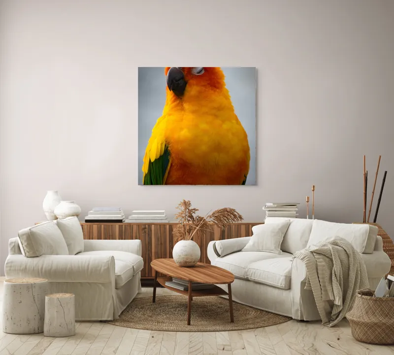 Tablou Canvas, "Papagalul auriu visând sub cerul înnorat", Papagal, Culoare, Penaj, Odihnă, Frumusețe, Natură, Păsări, Delicatețe, 100 x 100 cm – poza 3