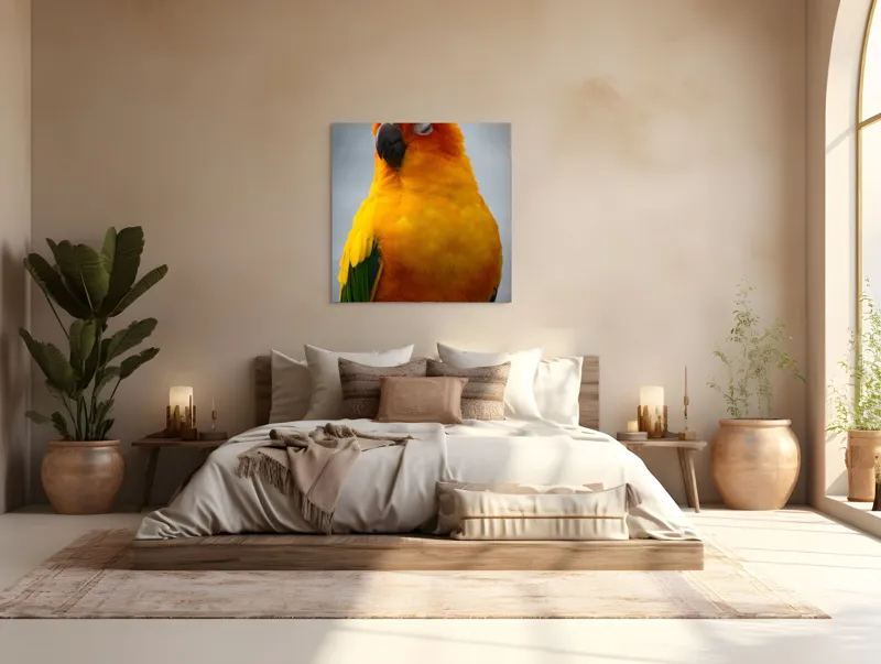 Tablou Canvas, "Papagalul auriu visând sub cerul înnorat", Papagal, Culoare, Penaj, Odihnă, Frumusețe, Natură, Păsări, Delicatețe, 100 x 100 cm – poza 4
