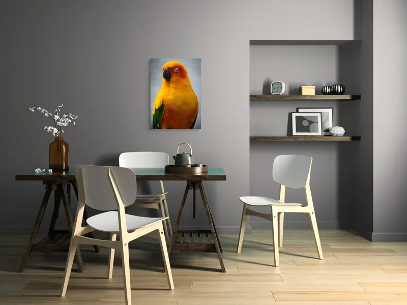 Tablou Canvas, "Papagalul auriu visând sub cerul înnorat", Papagal, Culoare, Penaj, Odihnă, Frumusețe, Natură, Păsări, Delicatețe, 50 x 70 cm – poza 5