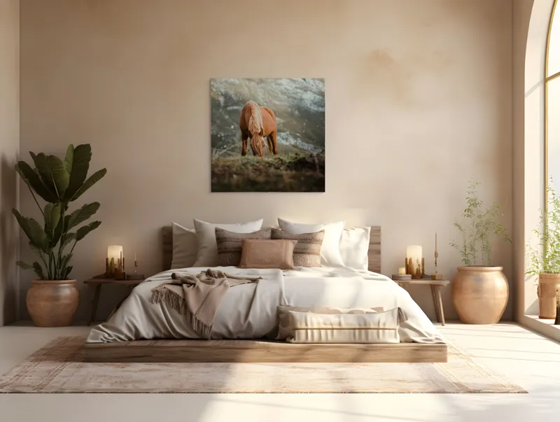 Tablou Canvas, "Cal pășunând pe munte liniștit", Cal, Natură, Peisaj, Munte, Iarbă, Liniște, Cer, Păr, Blană, 100 x 100 cm – poza 4