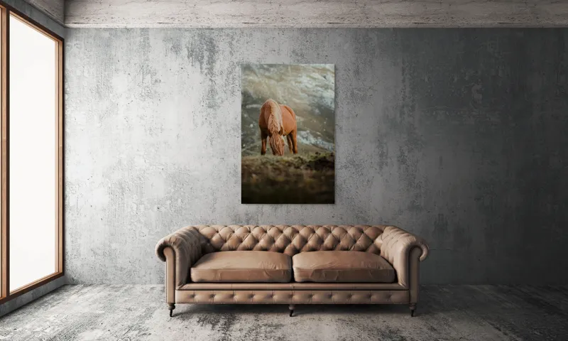 Tablou Canvas, "Cal pășunând pe munte liniștit", Cal, Natură, Peisaj, Munte, Iarbă, Liniște, Cer, Păr, Blană, 100 x 150 cm – poza 6
