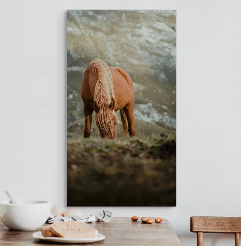Tablou Canvas, "Cal pășunând pe munte liniștit", Cal, Natură, Peisaj, Munte, Iarbă, Liniște, Cer, Păr, Blană, 50 x 90 cm – poza 3