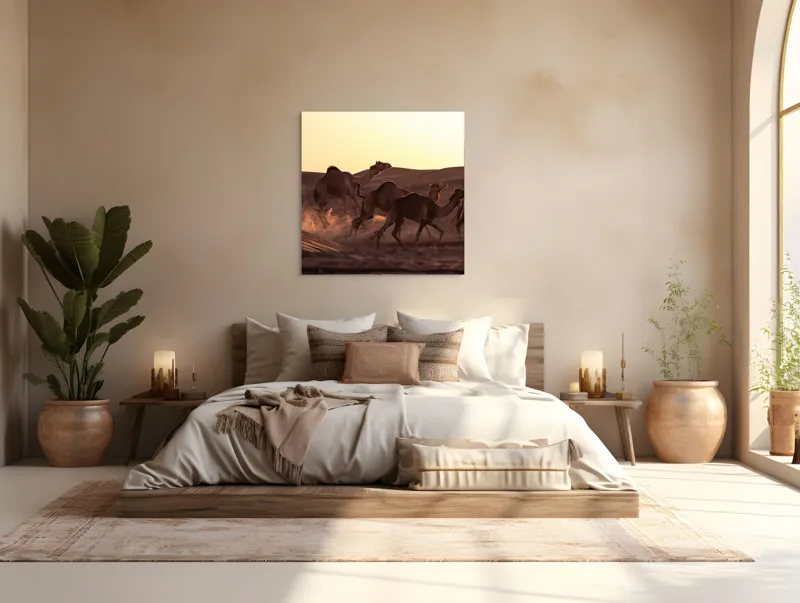 Tablou Canvas, "Caravana de cămile în deșertul auriu", Camile, Deșert, Amurg, Nisip, Aventură, 100 x 100 cm – poza 4