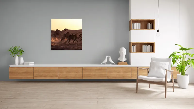 Tablou Canvas, "Caravana de cămile în deșertul auriu", Camile, Deșert, Amurg, Nisip, Aventură, 100 x 100 cm – poza 8