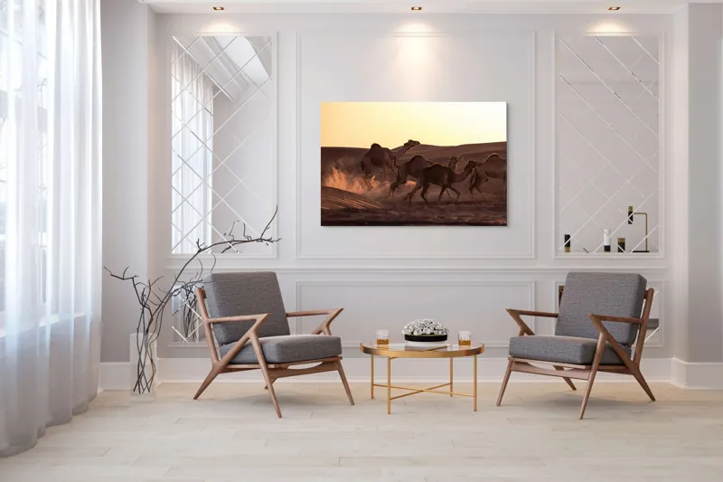 Tablou Canvas, "Caravana de cămile în deșertul auriu", Camile, Deșert, Amurg, Nisip, Aventură, 150 x 100 cm – poza 7