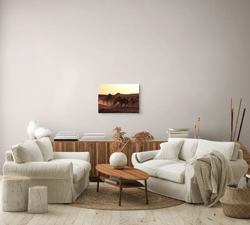 Tablou Canvas, "Caravana de cămile în deșertul auriu", Camile, Deșert, Amurg, Nisip, Aventură, 54 x 39 cm – poza 5
