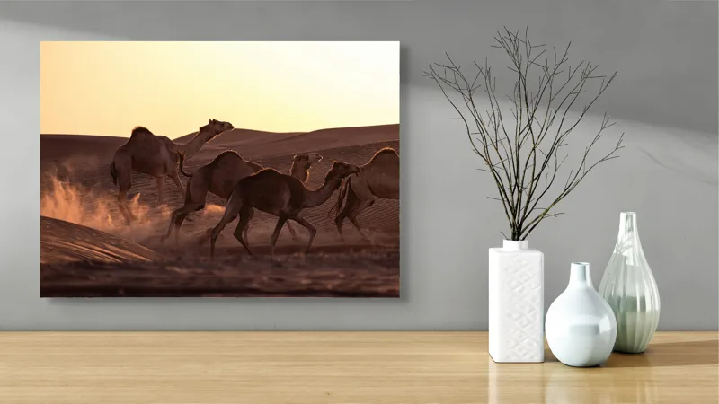 Tablou Canvas, "Caravana de cămile în deșertul auriu", Camile, Deșert, Amurg, Nisip, Aventură, 70 x 50 cm – poza 3