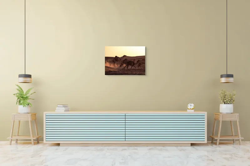 Tablou Canvas, "Caravana de cămile în deșertul auriu", Camile, Deșert, Amurg, Nisip, Aventură, 70 x 50 cm – poza 7