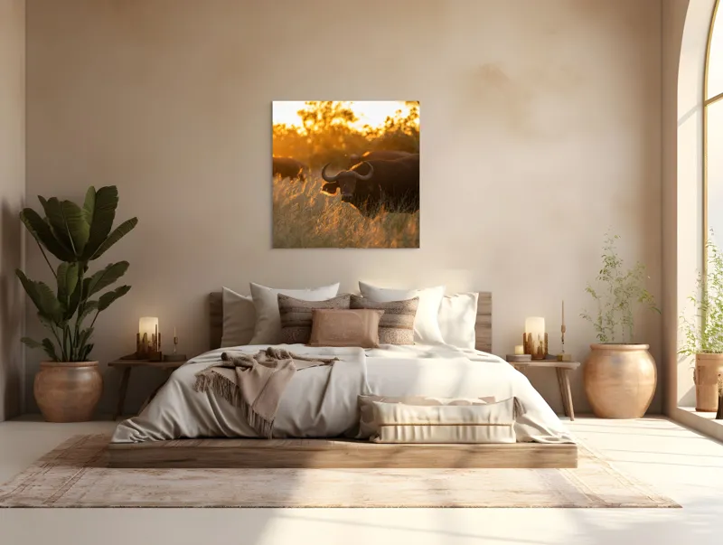 Tablou Canvas, "Aventura bivolilor la apus de soare", Buffalo, Apus, Savana, Iarbă, Siluetă, Serenitate, Natură, Seară, Lumină, Peisaj, 100 x 100 cm – poza 4