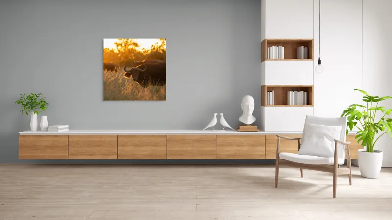Tablou Canvas, "Aventura bivolilor la apus de soare", Buffalo, Apus, Savana, Iarbă, Siluetă, Serenitate, Natură, Seară, Lumină, Peisaj, 100 x 100 cm – poza 8