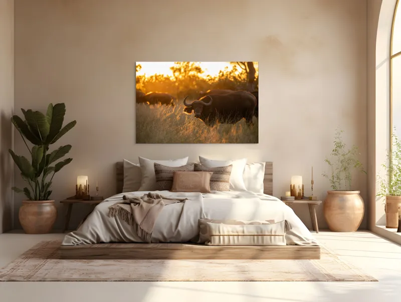 Tablou Canvas, "Aventura bivolilor la apus de soare", Buffalo, Apus, Savana, Iarbă, Siluetă, Serenitate, Natură, Seară, Lumină, Peisaj, 150 x 100 cm – poza 4