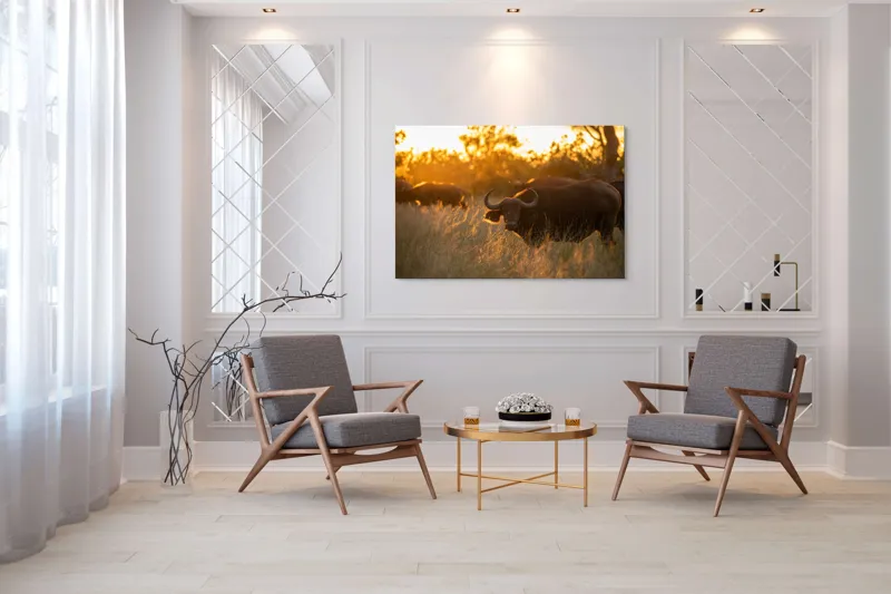 Tablou Canvas, "Aventura bivolilor la apus de soare", Buffalo, Apus, Savana, Iarbă, Siluetă, Serenitate, Natură, Seară, Lumină, Peisaj, 150 x 100 cm – poza 7