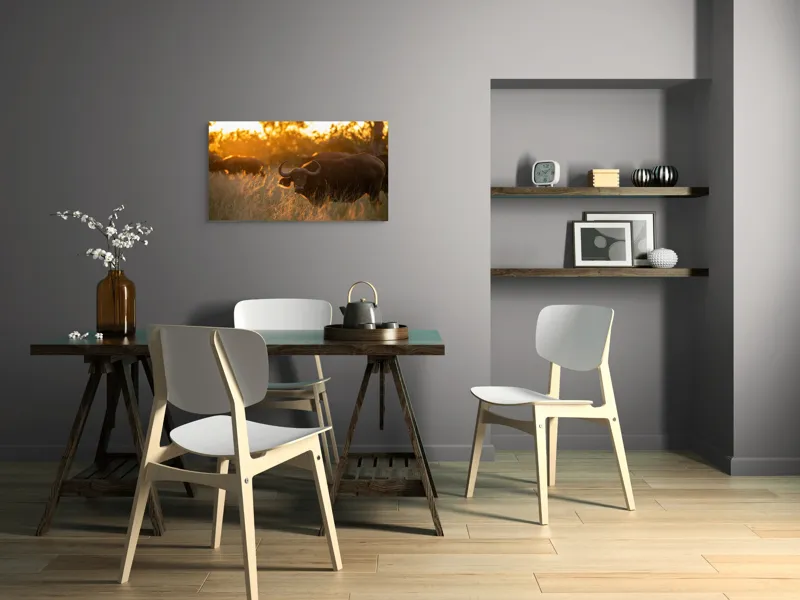 Tablou Canvas, "Aventura bivolilor la apus de soare", Buffalo, Apus, Savana, Iarbă, Siluetă, Serenitate, Natură, Seară, Lumină, Peisaj, 90 x 50 cm – poza 3