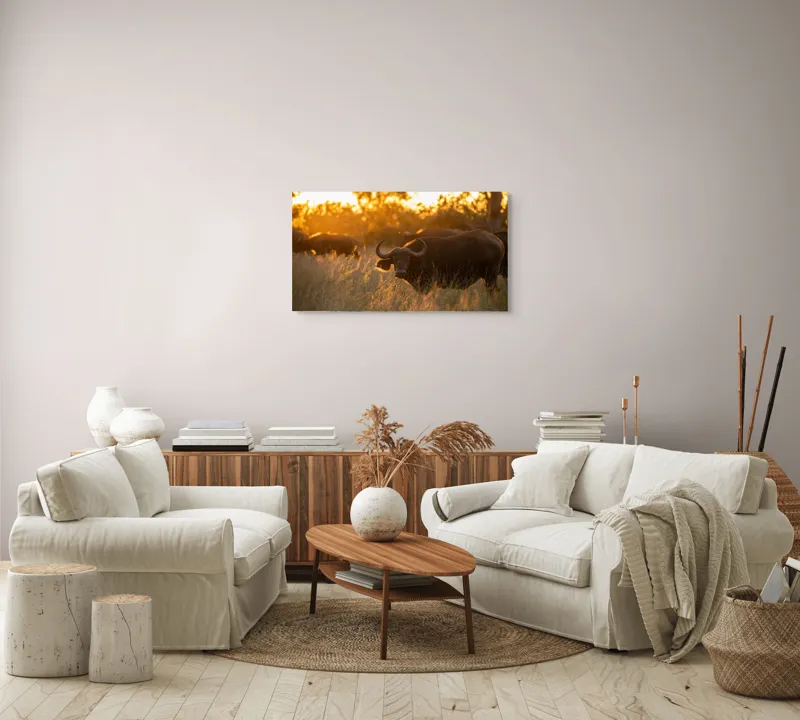 Tablou Canvas, "Aventura bivolilor la apus de soare", Buffalo, Apus, Savana, Iarbă, Siluetă, Serenitate, Natură, Seară, Lumină, Peisaj, 90 x 50 cm – poza 4