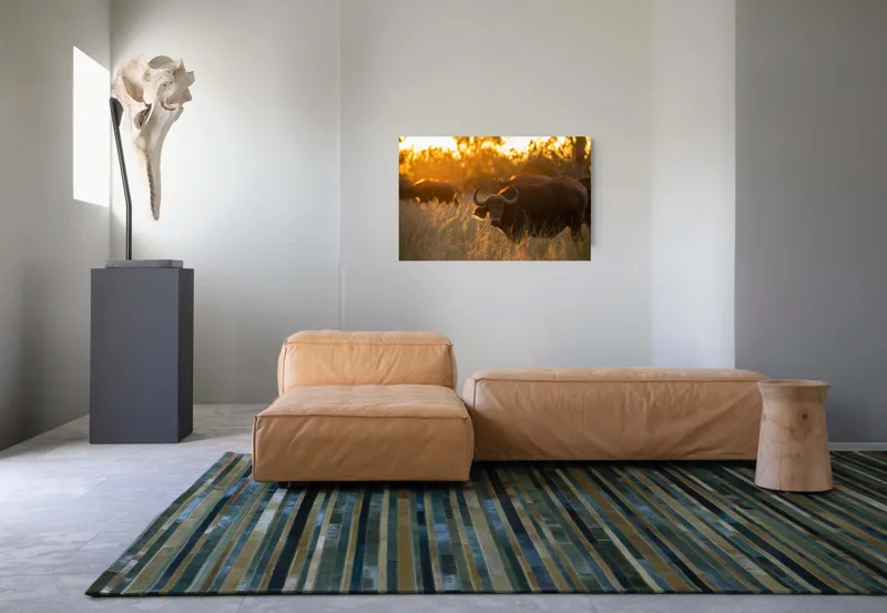Tablou Canvas, "Aventura bivolilor la apus de soare", Buffalo, Apus, Savana, Iarbă, Siluetă, Serenitate, Natură, Seară, Lumină, Peisaj, 90 x 50 cm – poza 8