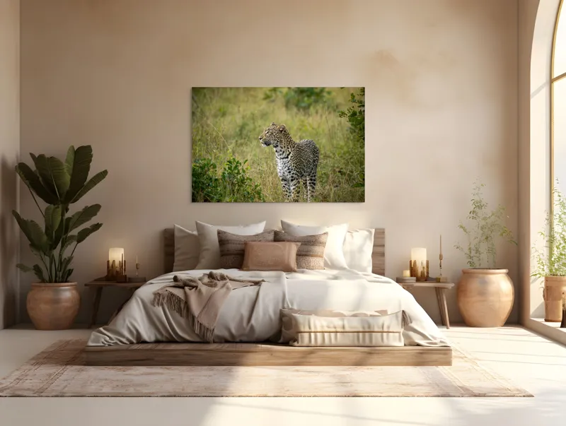 Tablou Canvas, "Leopardul în plimbare prin savană", Leopard, Iarbă, Vegetație, Pândă, Animal, Sălbăticie, Camuflaj, Prădător, Africa, Faună., 150 x 100 cm – poza 4