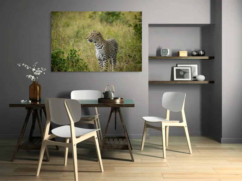 Tablou Canvas, "Leopardul în plimbare prin savană", Leopard, Iarbă, Vegetație, Pândă, Animal, Sălbăticie, Camuflaj, Prădător, Africa, Faună., 150 x 100 cm – poza 5