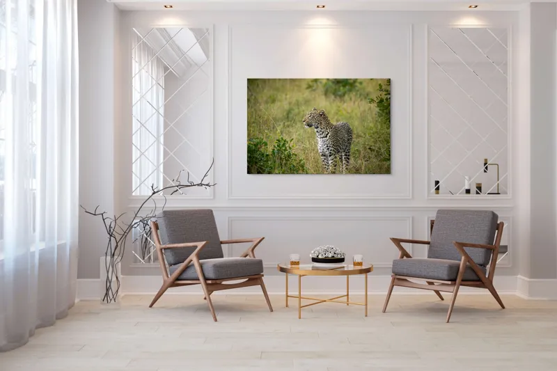 Tablou Canvas, "Leopardul în plimbare prin savană", Leopard, Iarbă, Vegetație, Pândă, Animal, Sălbăticie, Camuflaj, Prădător, Africa, Faună., 150 x 100 cm – poza 7