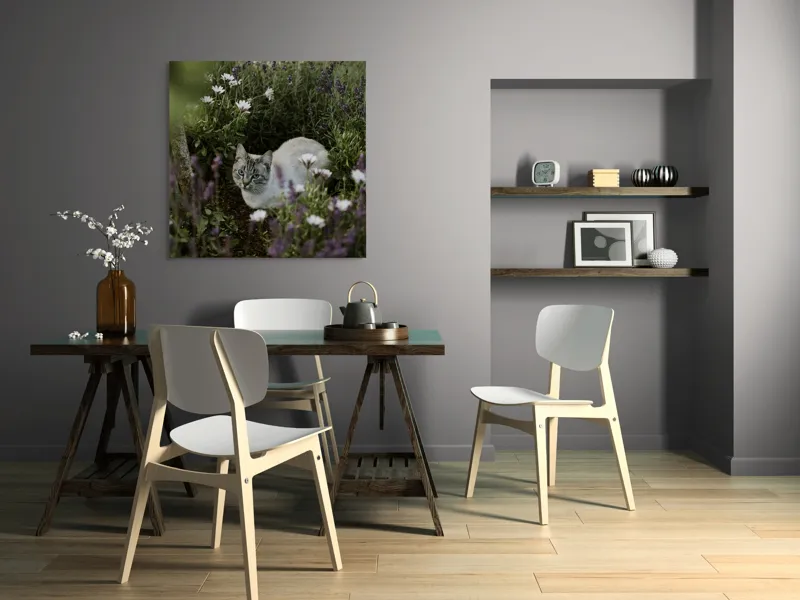 Tablou Canvas, "Pisica odihnindu-se printre lavande.", Pisică, Lavandă, Flori, Grădină, Relaxare, Natură, Ochii, Blană, Verdeață, Mister., 100 x 100 cm – poza 6