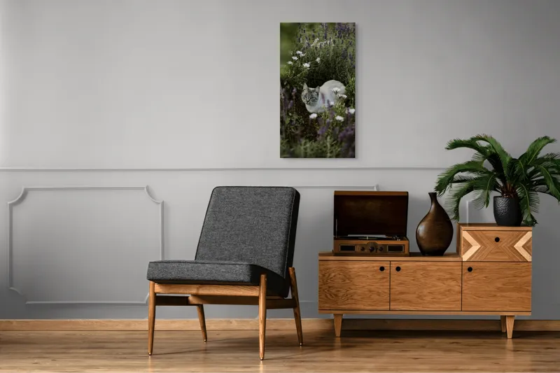 Tablou Canvas, "Pisica odihnindu-se printre lavande.", Pisică, Lavandă, Flori, Grădină, Relaxare, Natură, Ochii, Blană, Verdeață, Mister., 50 x 90 cm – poza 8