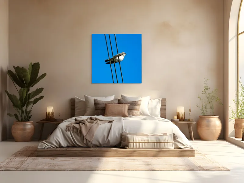 Tablou Canvas, "Pasărea singuratică pe fir electric", Pasăre, Fir, Cer, Albastru, Panoramă, Natură, Aripă, Penaj., 100 x 100 cm – poza 4