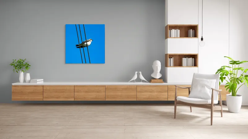 Tablou Canvas, "Pasărea singuratică pe fir electric", Pasăre, Fir, Cer, Albastru, Panoramă, Natură, Aripă, Penaj., 100 x 100 cm – poza 8