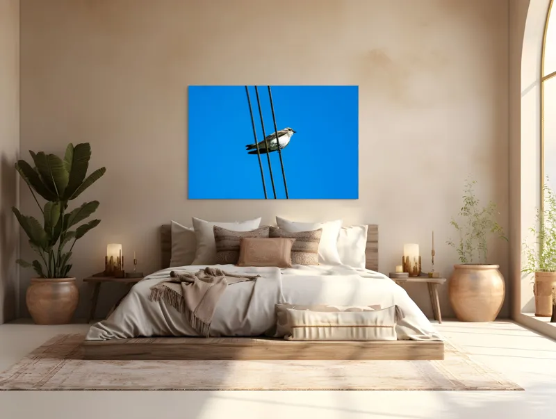 Tablou Canvas, "Pasărea singuratică pe fir electric", Pasăre, Fir, Cer, Albastru, Panoramă, Natură, Aripă, Penaj., 150 x 100 cm – poza 4