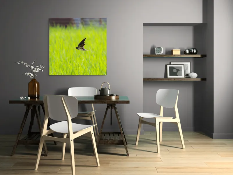 Tablou Canvas, "Rândunica survolând câmpul verde intens", Pasăre, Zbor, Câmp, Verde, Viteză, Natură, Libertate, Aripi, 100 x 100 cm – poza 6