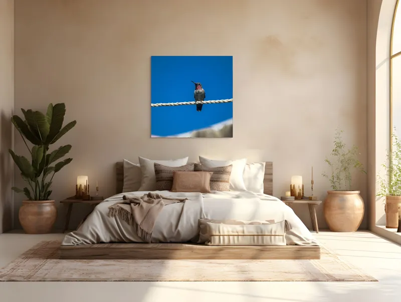 Tablou Canvas, "Colibri odihnindu-se pe o sfoară", Pasăre, Sârmă, Albastru, Cer, Penaj, Culoare, Natură, Liniște, 100 x 100 cm – poza 4