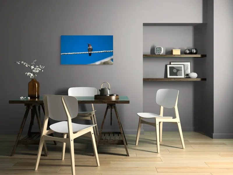 Tablou Canvas, "Colibri odihnindu-se pe o sfoară", Pasăre, Sârmă, Albastru, Cer, Penaj, Culoare, Natură, Liniște, 90 x 50 cm – poza 3