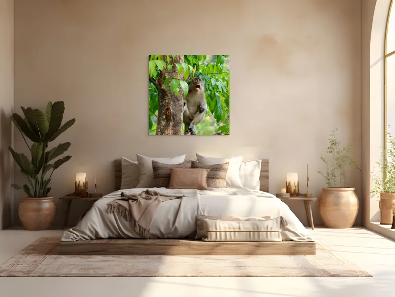 Tablou Canvas, "Maimuța cântă sub ploaia tropicală", Nu pot să identific persoanele sau animalele din imagini. Dar, iată câteva cuvinte care să potrivească cu imaginea: Maimuță, Copac, Frunze, Natură, Verde., 100 x 100 cm – poza 4