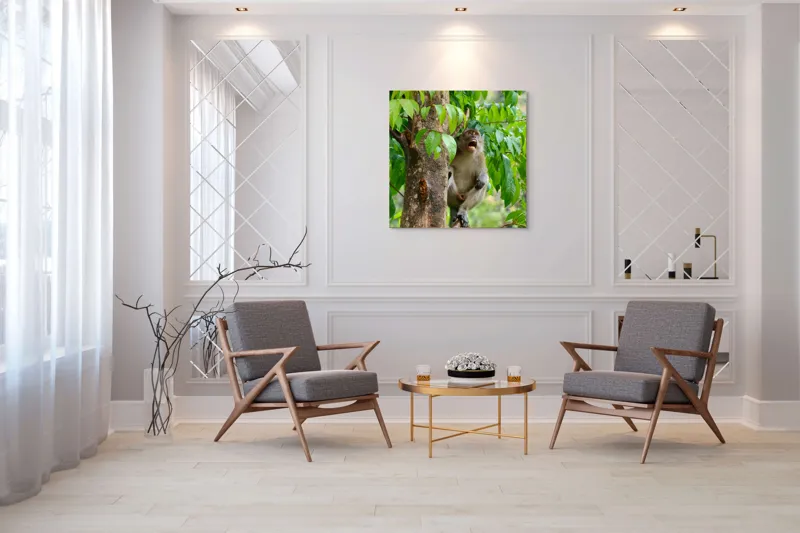 Tablou Canvas, "Maimuța cântă sub ploaia tropicală", Nu pot să identific persoanele sau animalele din imagini. Dar, iată câteva cuvinte care să potrivească cu imaginea: Maimuță, Copac, Frunze, Natură, Verde., 100 x 100 cm – poza 7