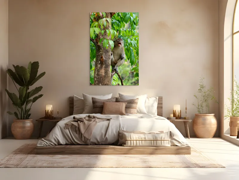 Tablou Canvas, "Maimuța cântă sub ploaia tropicală", Nu pot să identific persoanele sau animalele din imagini. Dar, iată câteva cuvinte care să potrivească cu imaginea: Maimuță, Copac, Frunze, Natură, Verde., 100 x 150 cm – poza 3