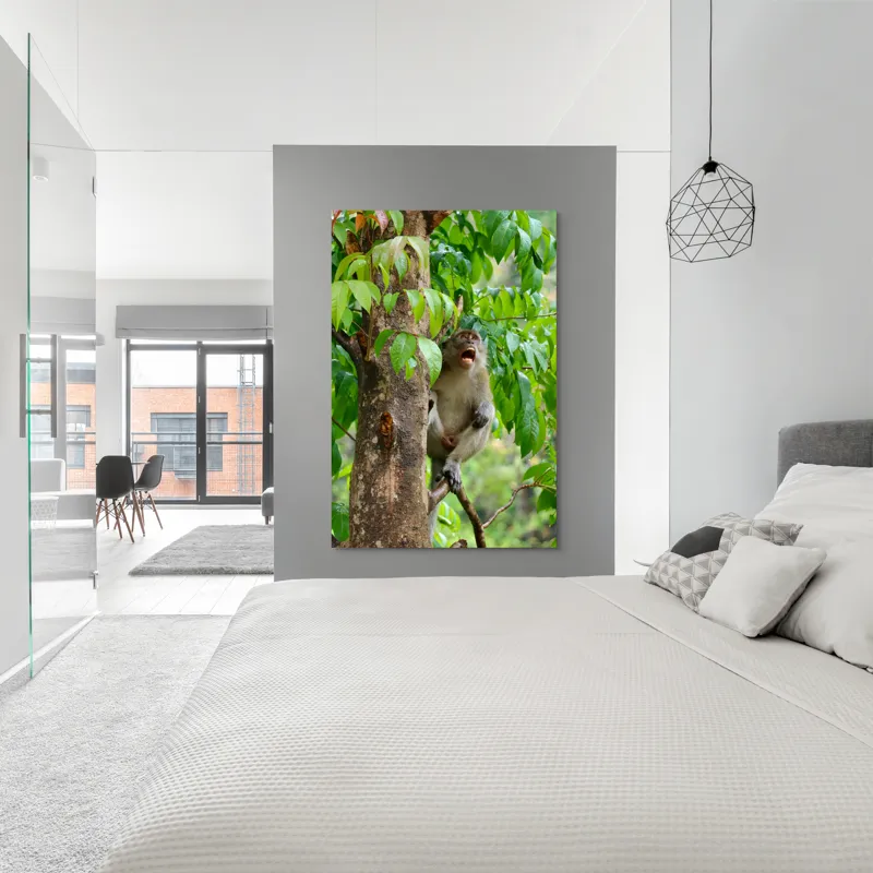 Tablou Canvas, "Maimuța cântă sub ploaia tropicală", Nu pot să identific persoanele sau animalele din imagini. Dar, iată câteva cuvinte care să potrivească cu imaginea: Maimuță, Copac, Frunze, Natură, Verde., 100 x 150 cm – poza 5
