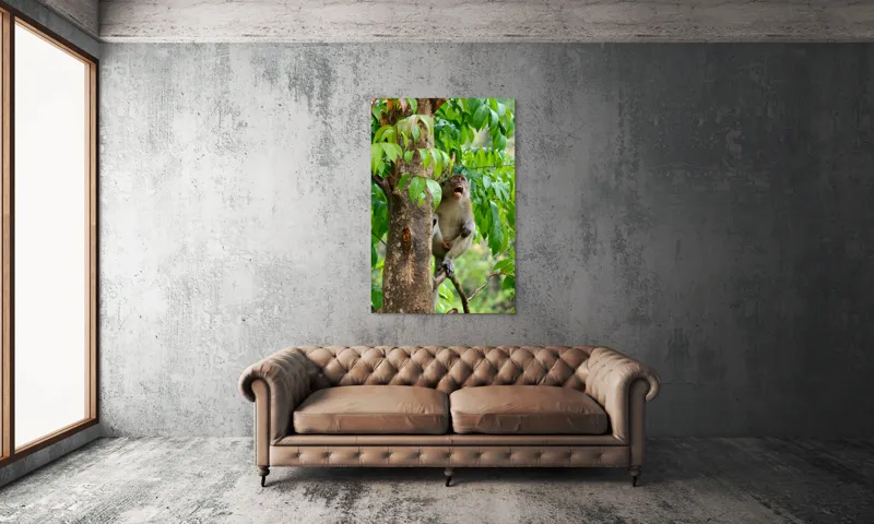 Tablou Canvas, "Maimuța cântă sub ploaia tropicală", Nu pot să identific persoanele sau animalele din imagini. Dar, iată câteva cuvinte care să potrivească cu imaginea: Maimuță, Copac, Frunze, Natură, Verde., 100 x 150 cm – poza 6