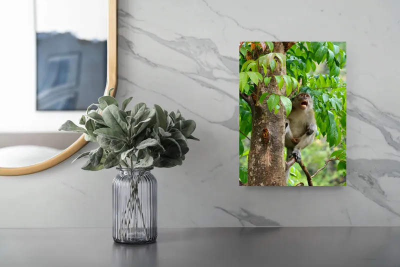 Tablou Canvas, "Maimuța cântă sub ploaia tropicală", Nu pot să identific persoanele sau animalele din imagini. Dar, iată câteva cuvinte care să potrivească cu imaginea: Maimuță, Copac, Frunze, Natură, Verde., 26 x 39 cm – poza 4