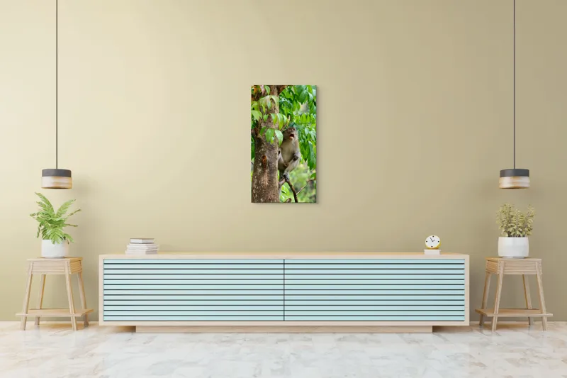 Tablou Canvas, "Maimuța cântă sub ploaia tropicală", Nu pot să identific persoanele sau animalele din imagini. Dar, iată câteva cuvinte care să potrivească cu imaginea: Maimuță, Copac, Frunze, Natură, Verde., 50 x 90 cm – poza 6
