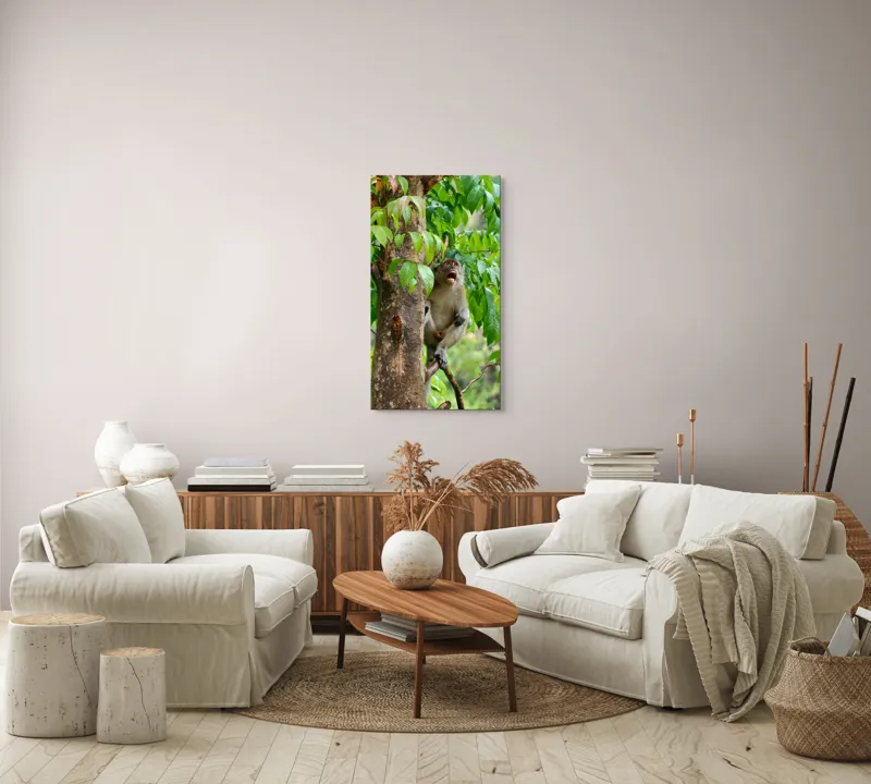 Tablou Canvas, "Maimuța cântă sub ploaia tropicală", Nu pot să identific persoanele sau animalele din imagini. Dar, iată câteva cuvinte care să potrivească cu imaginea: Maimuță, Copac, Frunze, Natură, Verde., 50 x 90 cm – poza 7
