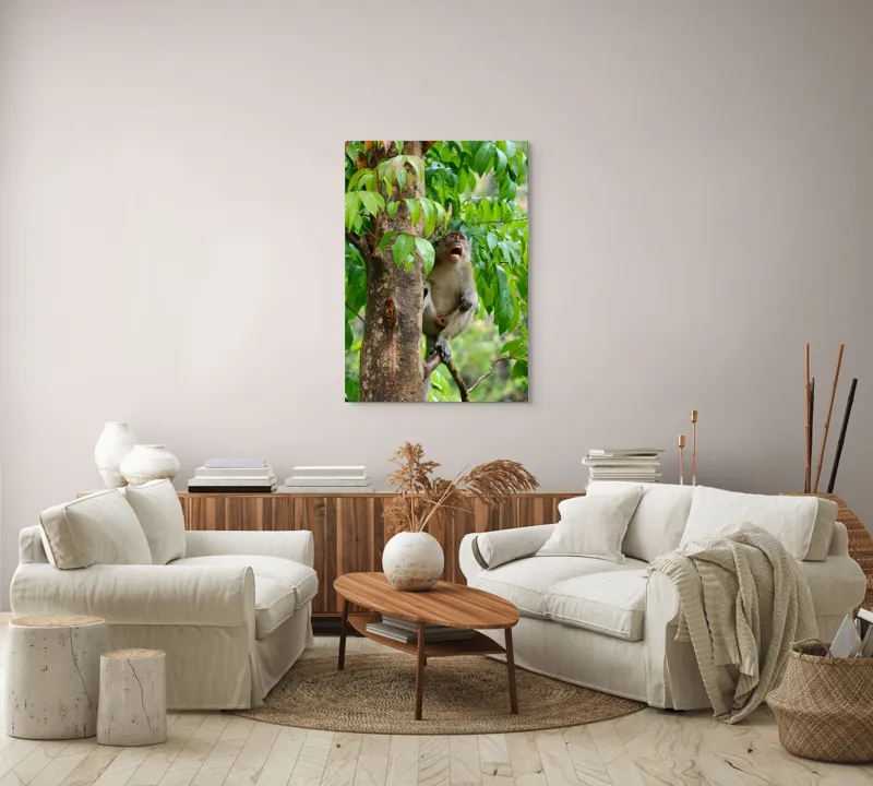 Tablou Canvas, "Maimuța cântă sub ploaia tropicală", Nu pot să identific persoanele sau animalele din imagini. Dar, iată câteva cuvinte care să potrivească cu imaginea: Maimuță, Copac, Frunze, Natură, Verde., 70 x 100 cm – poza 4