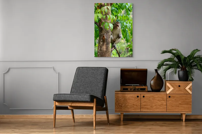 Tablou Canvas, "Maimuța cântă sub ploaia tropicală", Nu pot să identific persoanele sau animalele din imagini. Dar, iată câteva cuvinte care să potrivească cu imaginea: Maimuță, Copac, Frunze, Natură, Verde., 70 x 100 cm – poza 6